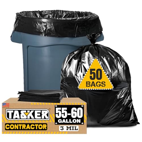 Tasker Contractor Garbage Bags 55 Gallon, 3 Mil Black Contractor Garbage Bag (50 Bags w/Ties) Large 55 Gallon Trash Bags Heavy Duty Liners, Extra Large Trash Liners for Construction, Industrial Bag - size: 1 Count (Pack of 50)