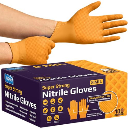 Inspire HEAVY DUTY ORIGINAL Stretch Nitrile Black Gloves Disposable Latex Free | Food, Mechanic, 6mil Black or 8 Mil Orange - size: Small, style: 8mil Orange