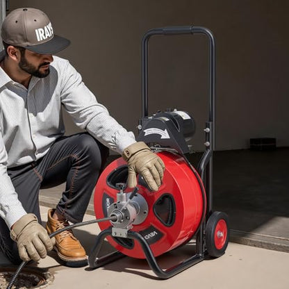 VEVOR Drain Cleaner Machine 100 FT x 3/4 Inch, Auto Feed Sewer Snake Auger on Wheels, Portable Drain Cleaning Machine with 4 Cutters & Air-activated Foot Switch for 4" to 8" Pipes - style: 100 FT x 3/4''