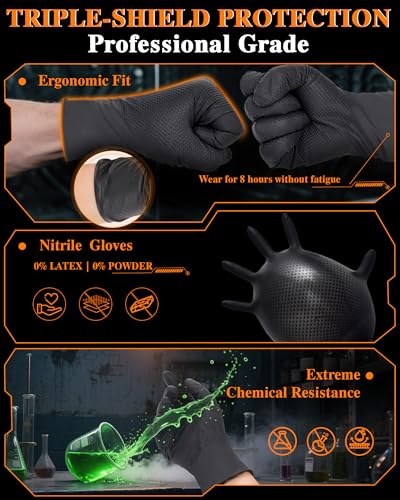 wcy 9mil Heavy Duty Disposable Nitrile Gloves, Black Medium 80Pcs -Chemical Resistant, Latex Powder Free Rubber Gloves Diamond Texture for Automotive, Mechanics, Cooking - color: Black-80, size: Medium