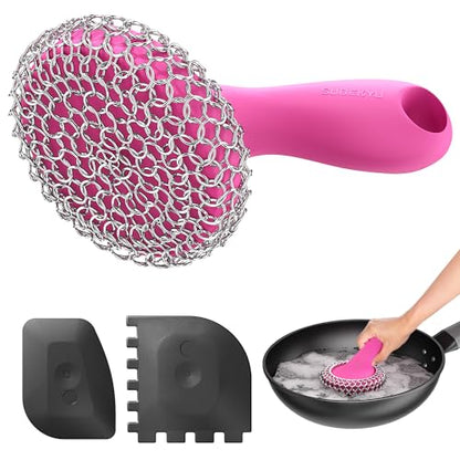 SUBEKYU Cast Iron Scrubber with Silicone Handle, Stainless Steel Skillet Cleaner for Cast Iron Pans (Pink Scrubber + Scraper) - color: Pink Scrubber + Scraper