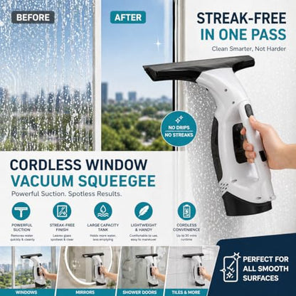 Cordless Window Vacuum Cleaner – Streak-Free Shower Glass & Window Cleaning in Seconds, Powerful Suction Rechargeable Handheld Window Vac, No Drips, Easy for Mirrors, Tiles & Car Windows
