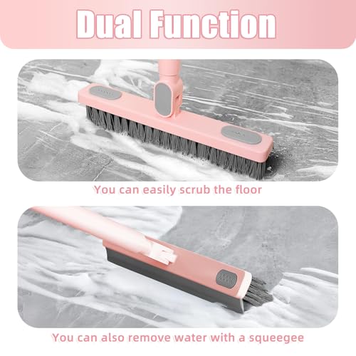 Floor Scrub Brush with Long Handle 58'’ Telescopic Handle 2 in 1 Scrape Brush, V-Shaped Corner Stiff Bristle Floor Scrubber with Squeegee for Cleaning Shower Bathroom Garage Kitchen Wall Tub Deck Tile