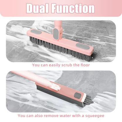 Floor Scrub Brush With Squeegee, Grout Brush With Telescopic Long Handle, V-Shape Floor Scrubber With Scrape Stiff Bristle for Shower Tile Grout Cleaning, Kitchen Bathroom Baseboard Deck Tool