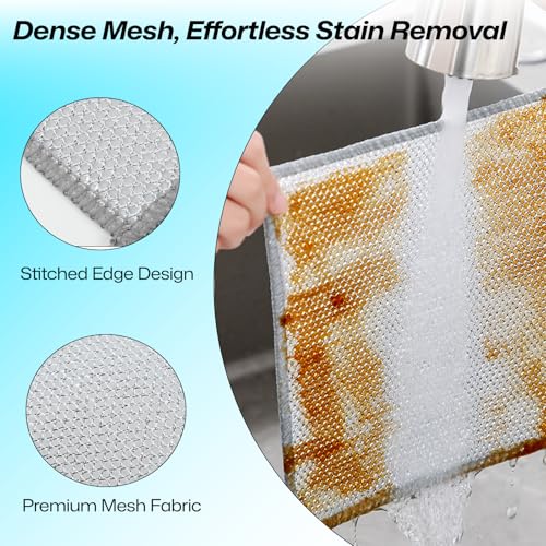 12Pcs 3-Layer Silver Wire Dish Cloths, Non-Scratch Reusable Kitchen Cleaning Rags, Wet Dry Use for Cookware Sink Stove, 8×8 Inch