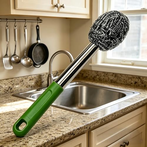 2PCS Steel Wool Scrubber with Handle Rustproof, Cast Iron Scrubber, Stubborn Messes Pot Brush, Remove Dirt for Cleaning Stoves,Sinks Dishes Grills Bowls & Metal Wire Sponge for Kitchens - color: Green