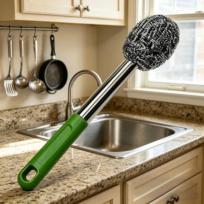 2PCS Steel Wool Scrubber with Handle Rustproof, Cast Iron Scrubber, Stubborn Messes Pot Brush, Remove Dirt for Cleaning Stoves,Sinks Dishes Grills Bowls & Metal Wire Sponge for Kitchens - color: Green