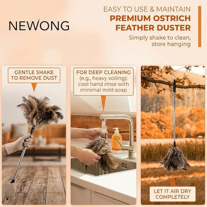 Extendable Ostrich Feather Duster 26"-79", Real Fluffy Ostrich Feather Duster, Telescoping Handle for High Ceiling Cleaning, Fan Dust Removing, Furniture, Car Cleaning – Standard Threaded Interface
