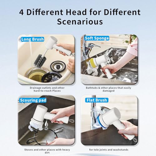 Electric Spin Scrubber, Cordless Handheld Brush, 2 Speeds | 4 Attachments, 1500mAh Battery, IPX7 Waterproof, 120-Min Runtime for Kitchen, Bathroom, Stovetop, Glass, Car