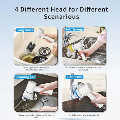 Electric Spin Scrubber, Cordless Handheld Brush, 2 Speeds | 4 Attachments, 1500mAh Battery, IPX7 Waterproof, 120-Min Runtime for Kitchen, Bathroom, Stovetop, Glass, Car