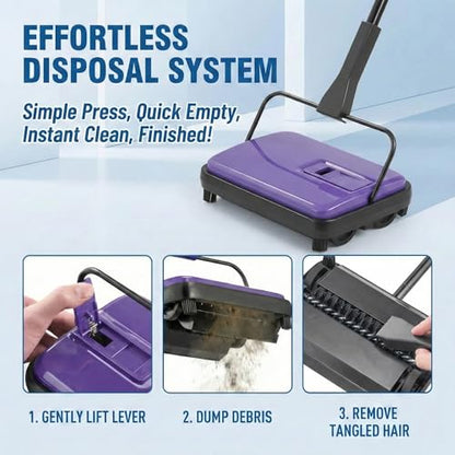 Manual Carpet Sweeper, Electric-Free Quiet Floor Sweeper with 300ml Easy-Empty Dustbin, 6.7” Cleaning Width for Pet Hair, Crumbs, Dust on Carpets, Hardwood, Tile - Home & Office Use (Purple) - color: Purple