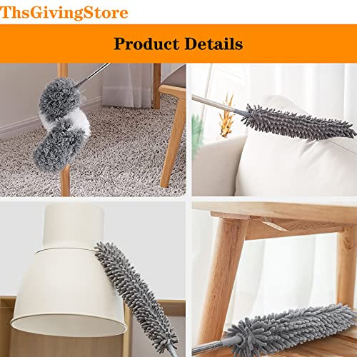 4PCS Ceiling Fan Duster with Extension Pole 16-98'', Microfiber Dust Brush + Gap Mop + Chenille Duster + Retractable Pole, Bendable Washable Feather Dusters for Cleaning Ceilings, Wall and Car