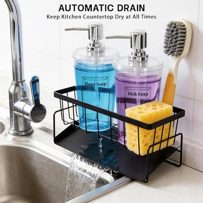 Kitchen Sink Caddy with Dish Soap Dispenser Set,16oz Hand and Dish Soap Dispenser Set with Sponge Holder, 2Pcs Clear Bottle with Pump Large Opening Easy to Fill Kitchen Sink Organizer Countertop
