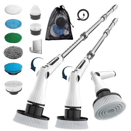 Electric Spin Scrubber, 8 in 1 Electric Cleaning Brush, Cordless Rechargeable Scrub Brush with 8 Replaceable Brush Heads, Adjustable Length and Angle Power Scrubber for Bathroom Tile Bathtub Glass - color: White Lz52