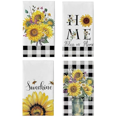4 Pack Sunflower Kitchen Towels Buffalo Plaid - Black and White Dish Towels for Farmhouse Decor, Housewarming Gifts for Women - color: Sunflower