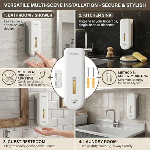 Shampoo and Conditioner Dispenser, Shower Soap Dispenser Wall-Mounted Soap Dispenser No Drill Refillable Shampoo Dispenser 300ML for Bathroom, Hotel, Shower Wall with Labels (White)