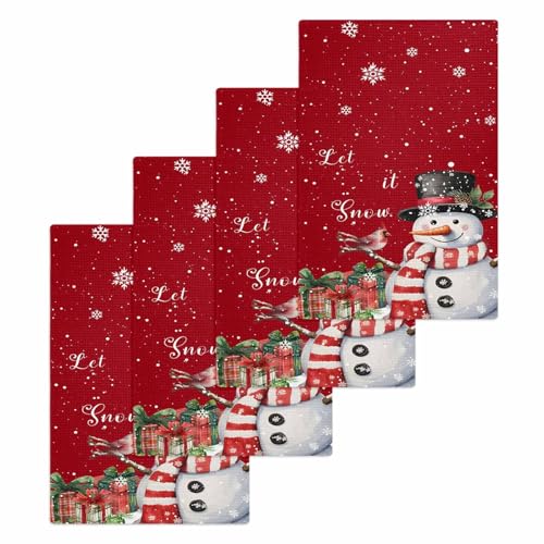 Christmas Red Hand Towels Set, Waffle Weave Kitchen Towels 4 Pieces, Snowman Snowflake Berry Bird Microfiber Hair Face Bath Tea Towel Absorbent Quick Drying Cleaning Dish Cloths, 15.7"x23.6" - color: Red, size: 4PCS,15.7"x23.6"