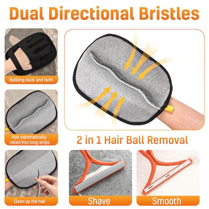 3pcs Large Pet Hair Removal Gloves for Cats | Electrostatic Magic Brush for Clothes, Beds, Sofa, Carpets | Fur Hero | Thickened Newly Upgraded | Fur Remover Mitt for Dogs, 2 Gloves + 1 Lint Scraper