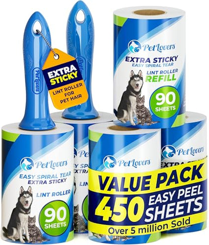 PetLovers Extra Sticky Lint Roller Mega Value Set 450 Sheets for Pet Hair Removal and Clothes, Dog and Cat Lint Remover 5 Pack - size: 5 Pack