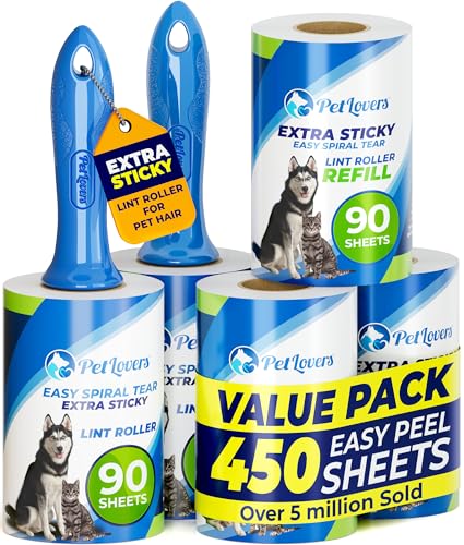 PetLovers Extra Sticky Lint Roller Mega Value Set 450 Sheets for Pet Hair Removal and Clothes, Dog and Cat Lint Remover 5 Pack - size: 5 Pack
