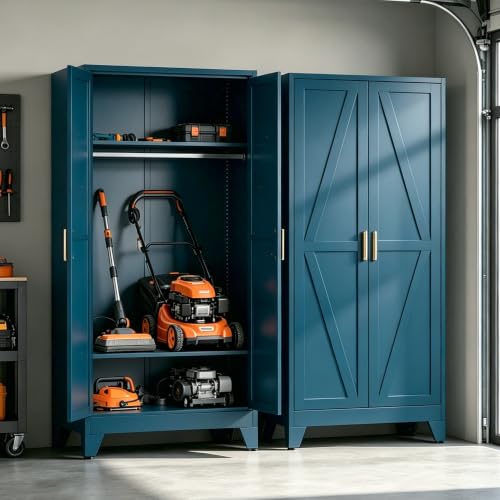 71" H Metal Storage Cabinets,Garage Cabinet,Broom Closet Storage Cabinet,Blue Storage Cabinets,Utility Cabinet - color: Blue, size: 71"H-2 Shelves