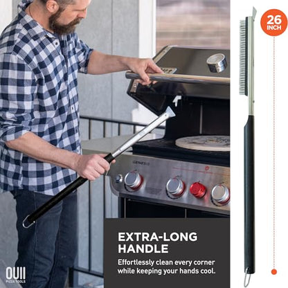 26'' Pizza Oven Brush with Stone Scraper - Includes 3 Brush Heads, Heat-Resistant Silver Stainless Steel Bristles - Long Grip Handle, Compatible with Ooni, Gozney, Blackstone, Solo Stove Ovens - color: Black - 3 Brush Heads