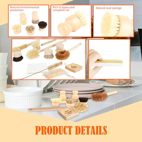 15 Pcs Bamboo Dish Brush Set with 65 Ft Hemp Rope Wooden Palm Pot Brush Sisal Bristles Natural Cup Scrubber Loofah Sponge Draining Tray for Pans, Bottle, Sink Kitchen Cleaning