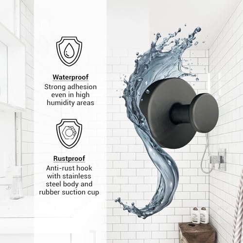 Suction Cup Hooks for Shower - 2 Pack, Matte Black - Stainless Steel, Strong Suction, No Drill, Removable Hanger, Tile Bathroom Kitchen Wall, Glass Door, Mirror Hook Hanging Robe, Towel Holder - color: Matte Black