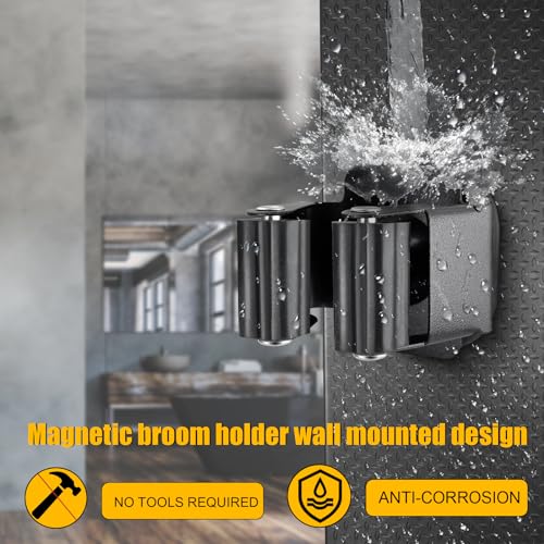 Upgraded Magnetic Broom and Mop Holder Wall Mount, Space-Saving Heavy Duty No Drill Over the Door Broom Gripper RV Camper Wall Organizer,Black,4 Pcs - size: 4 Pcs