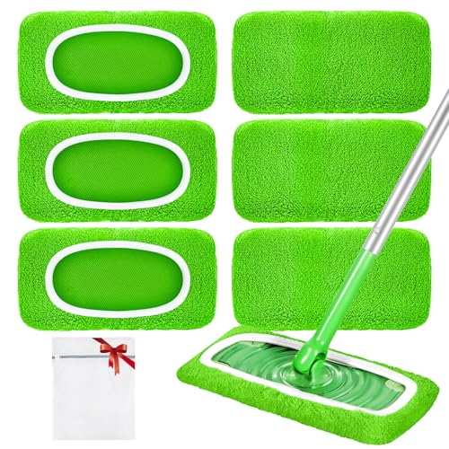 Reusable Dry Sweeping Cloths Microfiber Wet Pads Refill Compatible with Swiffer Sweeper Mop, Machine Washable Sweeping Mop Pads for Use on All Sealed Floors - Stone, Hardwood, Laminate & Tile (Green) - color: Green, size: 6 Pack