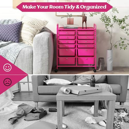 DREAMADE Rolling Cart with Storage Drawers, Utility Cart with Removable Plastic Drawers, Lockable Wheels, Art Cart for Classroom Organization Art Supplies Office Scrapbook (12 Drawers, Hot Pink) - color: Hot Pink, style: 12 Drawers