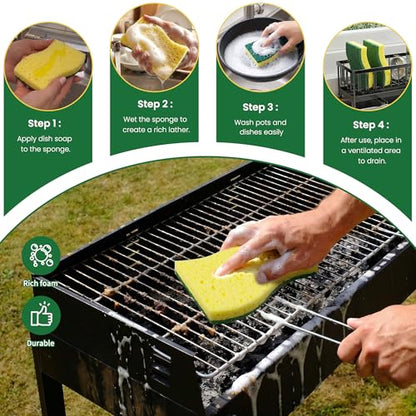 12 Count Heavy Duty Scrub Sponges,Dual Sided Kitchen Sponges for Non-Coated Cookware and Outdoor Grills, Flexible, Durable, and Strong, Long Lasting Cleaning Sponges for Cleaning Kitchen Dishes - color: Yellow-12
