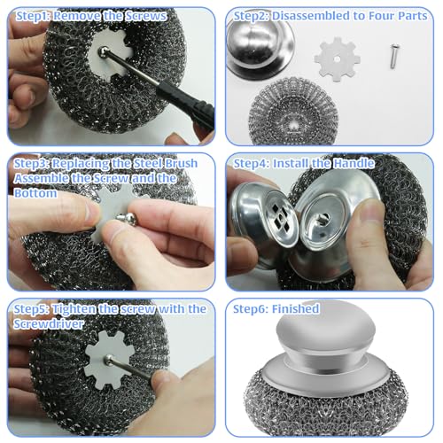 2Pcs Stainless Steel Wool Scrubber Sets, Dish Scrubber with Long Short Handle Stainless Steel Scrubber Cleaning Brush Metal Scrubber with Replacement, Steel Scrubber for Dishes Tableware Home Kitchen - color: 5pcs