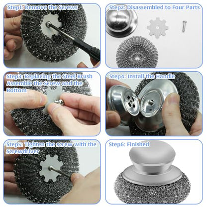 2Pcs Stainless Steel Wool Scrubber Sets, Dish Scrubber with Long Short Handle Stainless Steel Scrubber Cleaning Brush Metal Scrubber with Replacement, Steel Scrubber for Dishes Tableware Home Kitchen - color: 5pcs