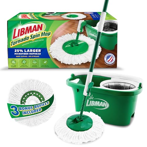 Libman Tornado Spin Mop System with Refill Heads, Microfiber Spinning Mop and Bucket with Wringer Set for Home, Floor Cleaning of Hard-Wood, Laminate, Tile, All Surface Cleaner - style: Spin Mop Plus 3 Refills