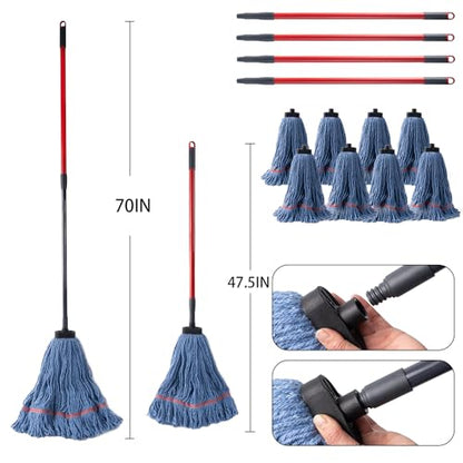 Matthew Large Commercial&Residential Mop Heavy Duty Industrial Mops w/Screw-on Handle(Fit Standard American Screw) Looped-End String Wet Cotton Mops for Home,Office,School - 4 Set&4 Mop Replacements - color: Medium Mop Stick(screw-on), size: 4 Looped End