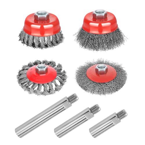 7 Pack Wire Wheel Cup Brush for 4 1/2 Angle Grinder with 5/8"-11 Thread Extension Rod,4 & 3 Inch Twist Knotted Coarse Crimped Wire Brushes (Wire Wheel Set & Grinder Extension Rod) - style: Wire Wheel Set & Grinder Extension Rod