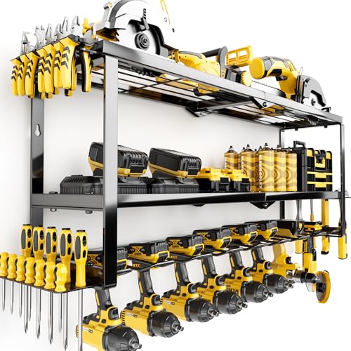 Power Tool Organizer Wall Mount Loads 300 lbs，Heavy Duty Metal 3 Layers Extra Tall Storage Rack with 8 Drill Holders & Battery Storage，Cordless Utility Tool Shelf for Garage, Workshop - color: BLACK