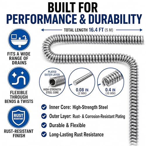Drain Snake Clog Remover Kit, 16.4Ft / 5M Drain Auger Cable with Auto Feed Tool & Drill Adapter,79 Inch / 2M Grabber Claw, Hair Drain Cleaner for Sink Shower Tub Gutter Downspout