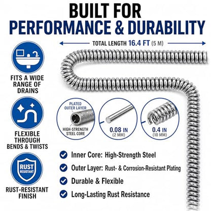 Drain Snake Clog Remover Kit, 16.4Ft / 5M Drain Auger Cable with Auto Feed Tool & Drill Adapter,79 Inch / 2M Grabber Claw, Hair Drain Cleaner for Sink Shower Tub Gutter Downspout