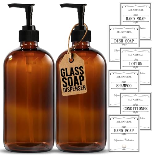 Sunrise Premium, 16 OZ Thick Amber Glass Soap Dispenser with Pump 2 Pack, Hand and Dish Soap Dispenser Set for Bathroom with 6 Waterproof Labels - color: Black Plastic Pump - Amber Glass