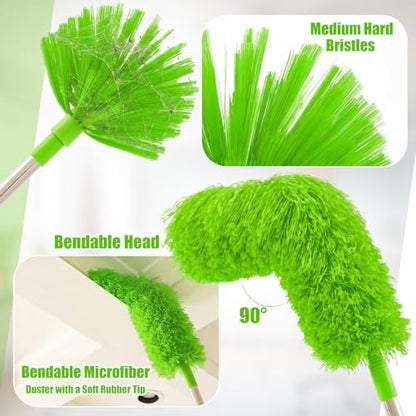 30 Feet High Reach Duster Kit with 2-24 ft Extension Pole High Ceiling Dusting and Window Cleaning Kit with Window Washer & Squeegee, Cobweb Duster, Washable Head for Ceiling Fan(Green) - color: Green, size: 30 ft