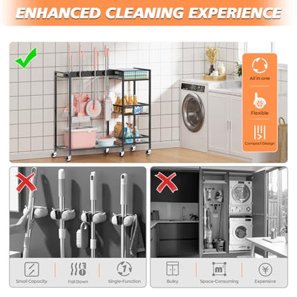 Broom and Mop Holder, Broom Closet Storage Cabinet with Cleaning Supplies Organizer, 2-in-1 Broom Mop and Cleaning Supplies Storage Cleaning Cart, Cleaning Cart with Wheels for Housekeeping - size: 37.4" x 13" x 34.2"