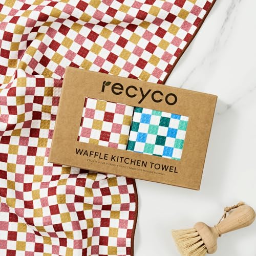 RECYCO Waffle Kitchen Towel Set of 2 - Quick Dry Microfiber Sustainable Dish Towels - Ultra Absorbent Reusable Cleaning Tea Towels - Lightweight Hand Towels,16”x 28”, Checkerboard Bliss - color: Checkerboard Bliss