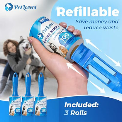 PetLovers Extra Sticky Lint Roller Value Set 300 Sheets for Pet Hair Removal, Dog and Cat Lint Remover 3 Pack - size: 3 Pack