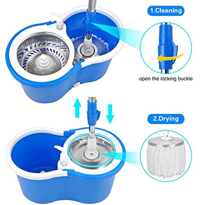 Spin Mop Bucket System, 360 Spin Floor Cleaning Mop Bucket with 3 Microfiber Replacement Head Refills Telescoping Handle for House Cleaning - color: Blue