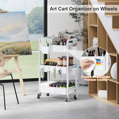 3 Tier Rolling Cart with Wheels, Metal Utility Storage Cart on Wheels, Craft Carts Organizer with Hanging Cups, Hooks, Three Tiered Rolling Carts for Bathroom, Laundry Room, Nursery, Office, White - color: White