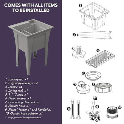 Freestanding Utility Sink with Two Handle Chrome Faucet - 24" Plastic Utility Sink for Garage, Laundry, Indoor and Oudoor Use - Laundry Tub Kit by Noah William Home - Grey (19.5 gal) - color: Grey - Two handle chrome faucet