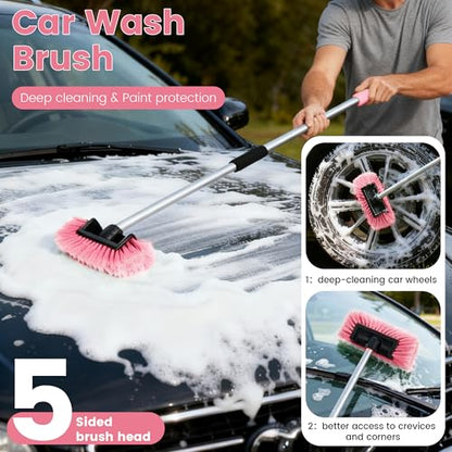 Car Wash Brush with Long Handle, 60'' Soft Bristle Cleaning Brush, Car Cleaning Brushes, Carwash Brushes for SUV, RV, Boat, Truck, House Siding, Sweep Snow,Pink - color: Pink