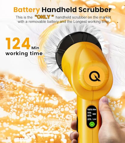 Battery Electric Spin Scrubber Q4, Handheld Scrubber for Cleaning with Display, Power Dish Scrubber with 5 Heads, Shower Cordless Cleaning Brush for Bathroom/Sink/Window - size: Battery Scrubber with 4.9-inch handle